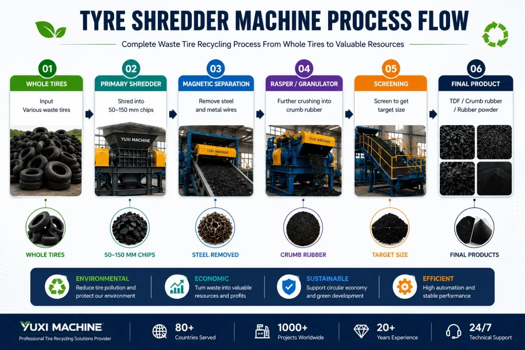 Tyre shredder machine process flow for waste tire recycling plant from whole tires to crumb rubber and rubber powder