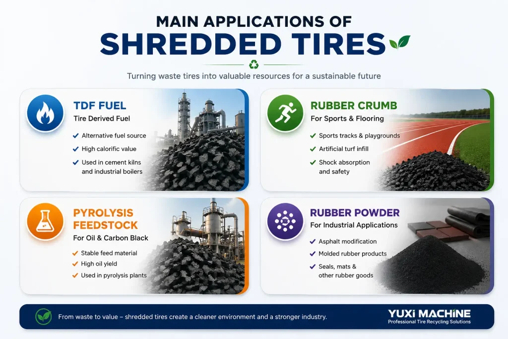 Main applications of shredded tires including TDF fuel, rubber crumb, pyrolysis feedstock, and rubber powder in waste tire recycling