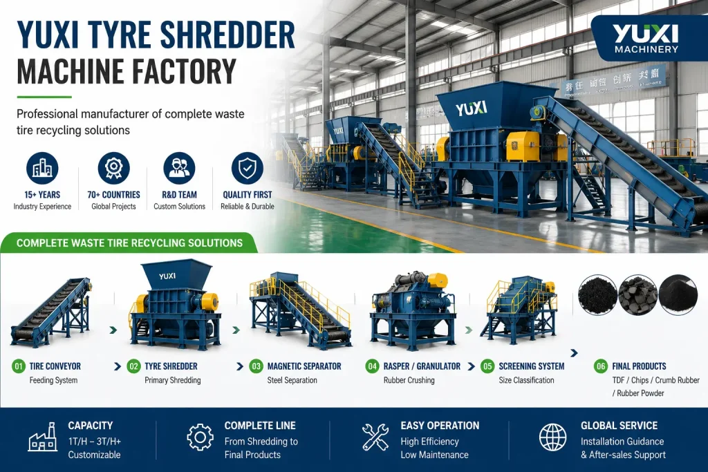 Yuxi tyre shredder machine factory with complete waste tire recycling line for TDF, crumb rubber, and rubber powder production
