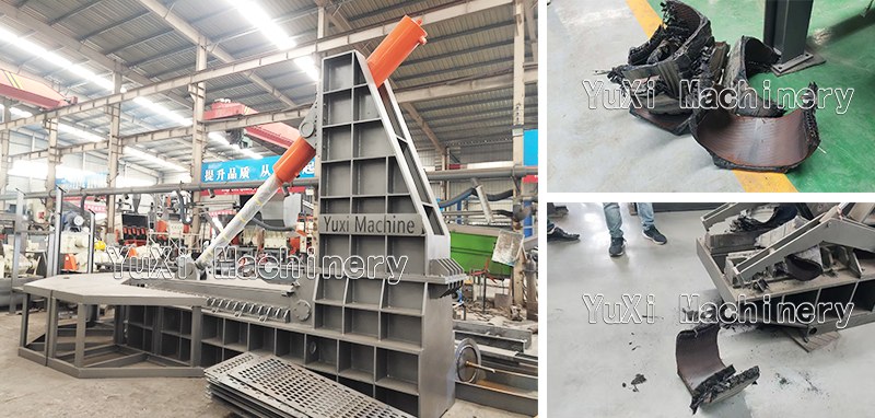 hydraulic tire cutter and cut tire sections