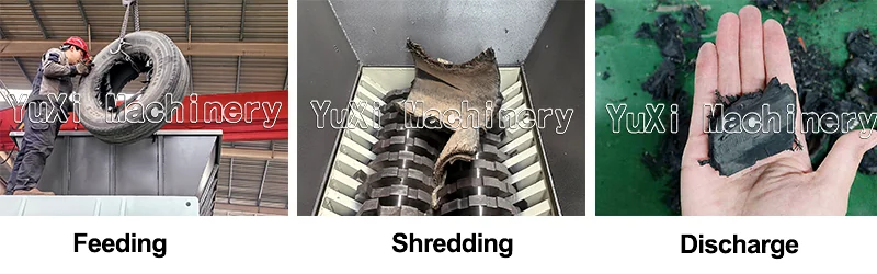 Tire shredder feeding shredding discharge process tire shredder working process feeding shredding and discharge