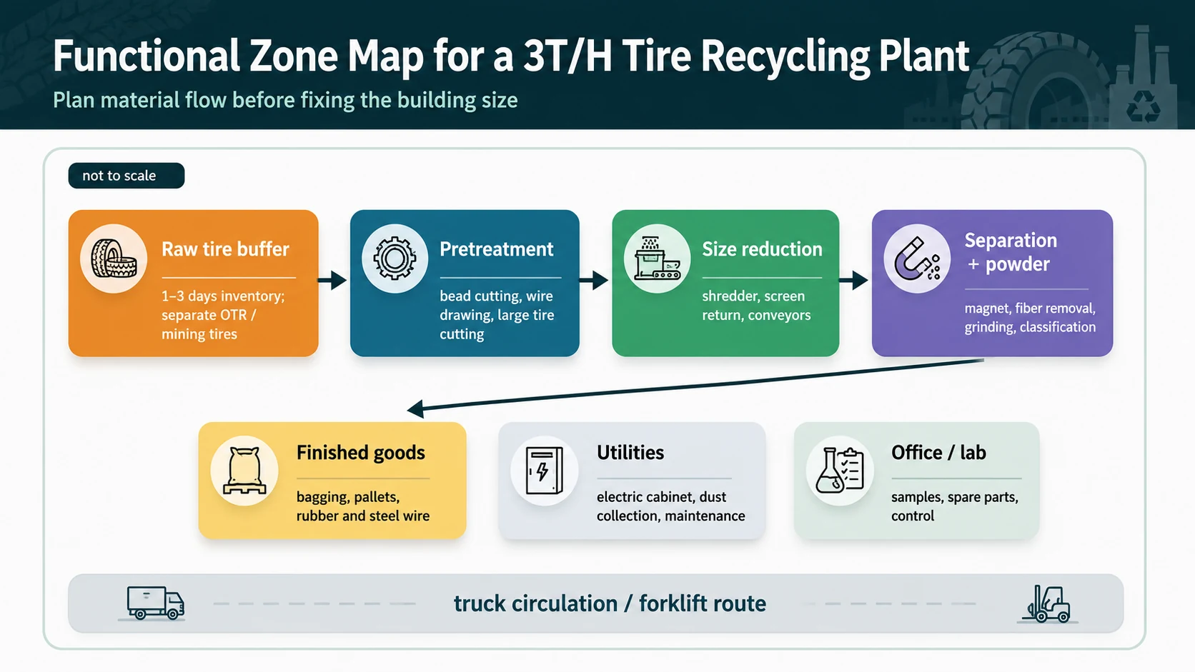 3T/H Tire Recycling Line Space Guide 3 Functional zone map for a 3T/H waste tire recycling production line