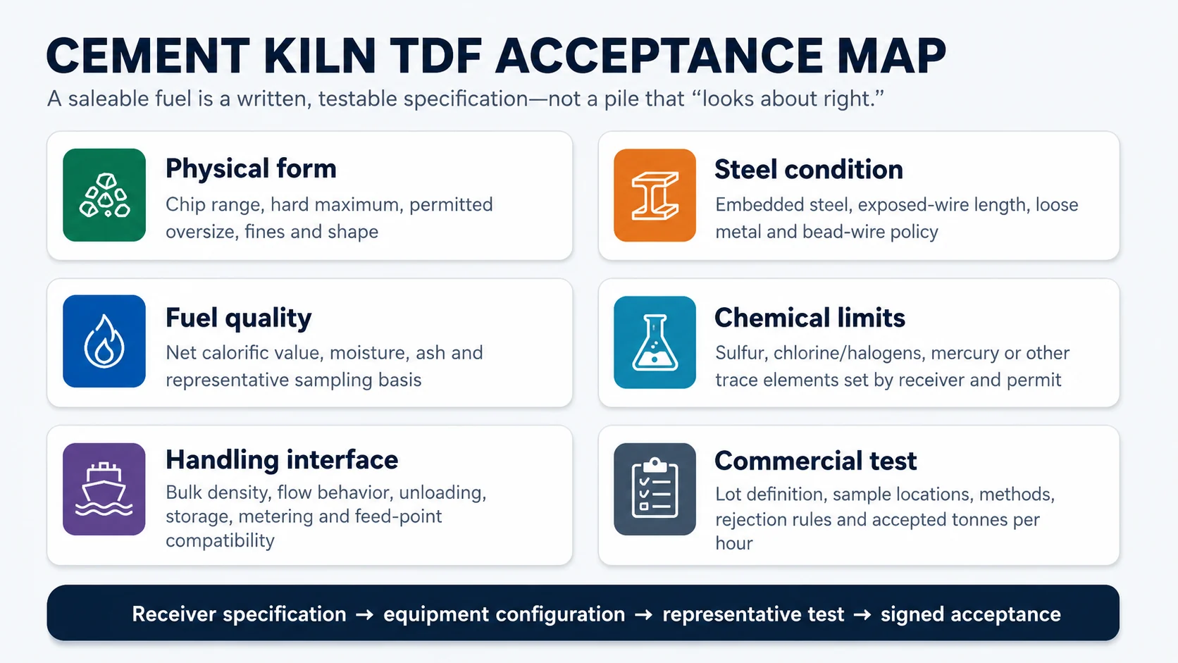 Cement kiln TDF acceptance specification map covering chip size steel fuel quality chemical limits handling and testing