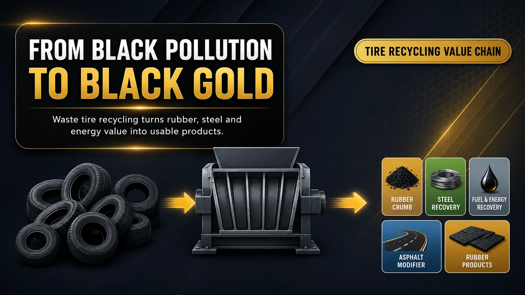 Waste tire recycling turning black pollution into black gold through shredding and material recovery