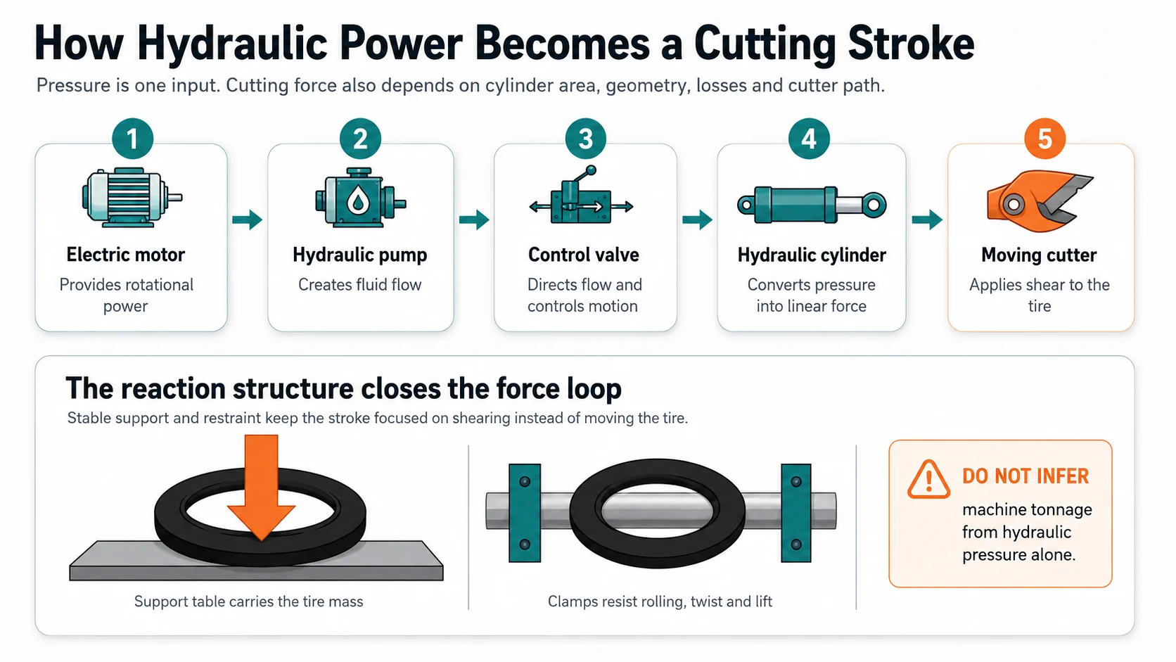 How Does a Tire Cutting Machine Work? 3 Hydraulic tire cutting machine force path from motor pump and valve to cylinder cutter clamp and frame