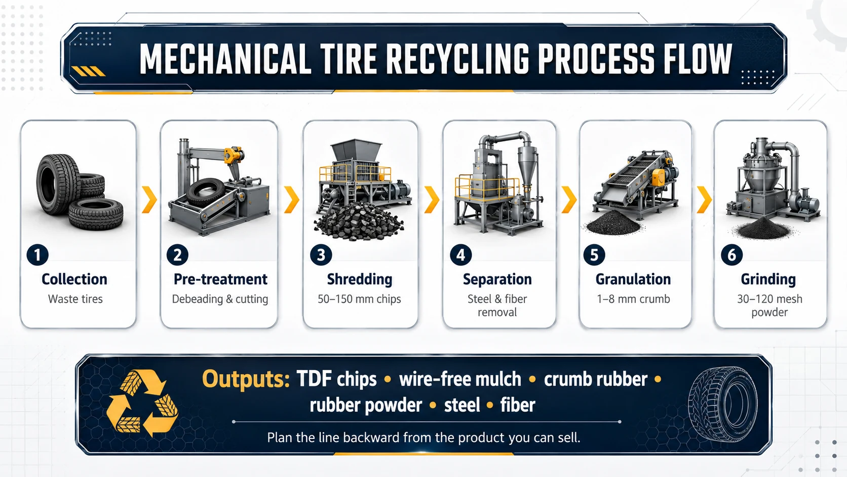 From Black Pollution to Black Gold: Tire Recycling 2 Mechanical tire recycling process flow from collection and shredding to steel separation crumb rubber and rubber powder