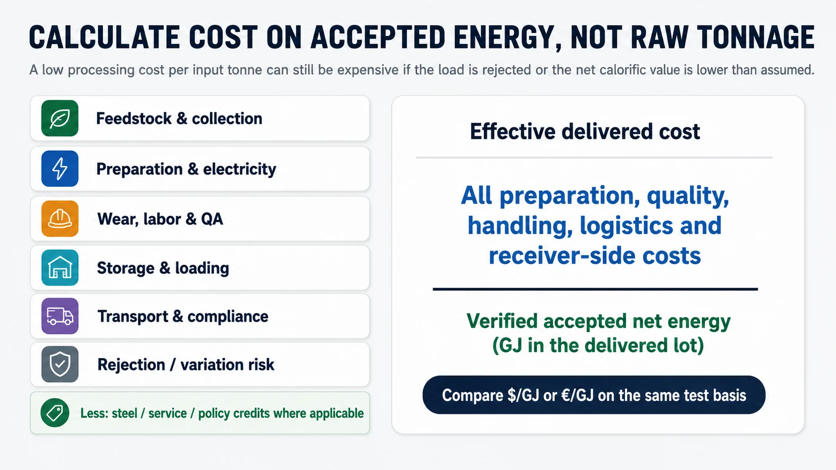 Formula for calculating TDF cost per accepted net energy including preparation quality logistics and rejection risk