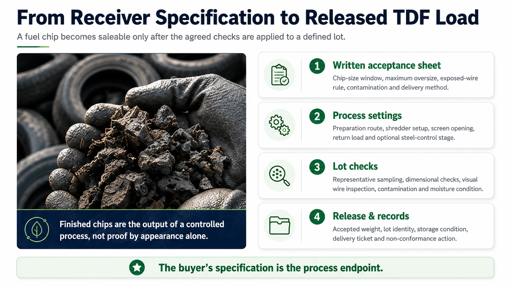 TDF quality-control handoff from receiver specification to process settings, lot checks and dispatch