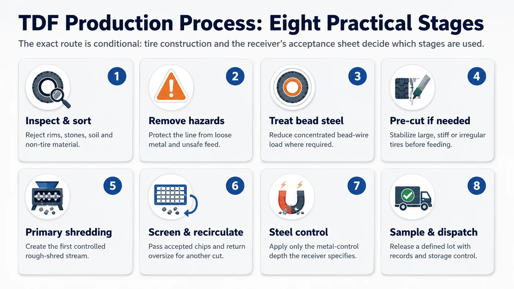 Eight-stage TDF production process from tire inspection to fuel-chip dispatch