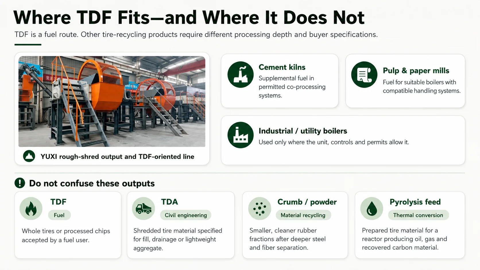 Comparison of tire-derived fuel uses and the boundaries between TDF, TDA, crumb rubber and pyrolysis feed