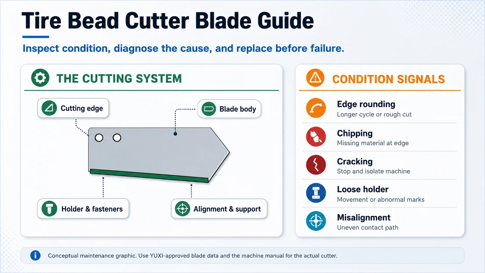 Tire Bead Cutter Blade Guide 1 Tire bead cutter blade guide showing the cutting edge, holder and wear signals