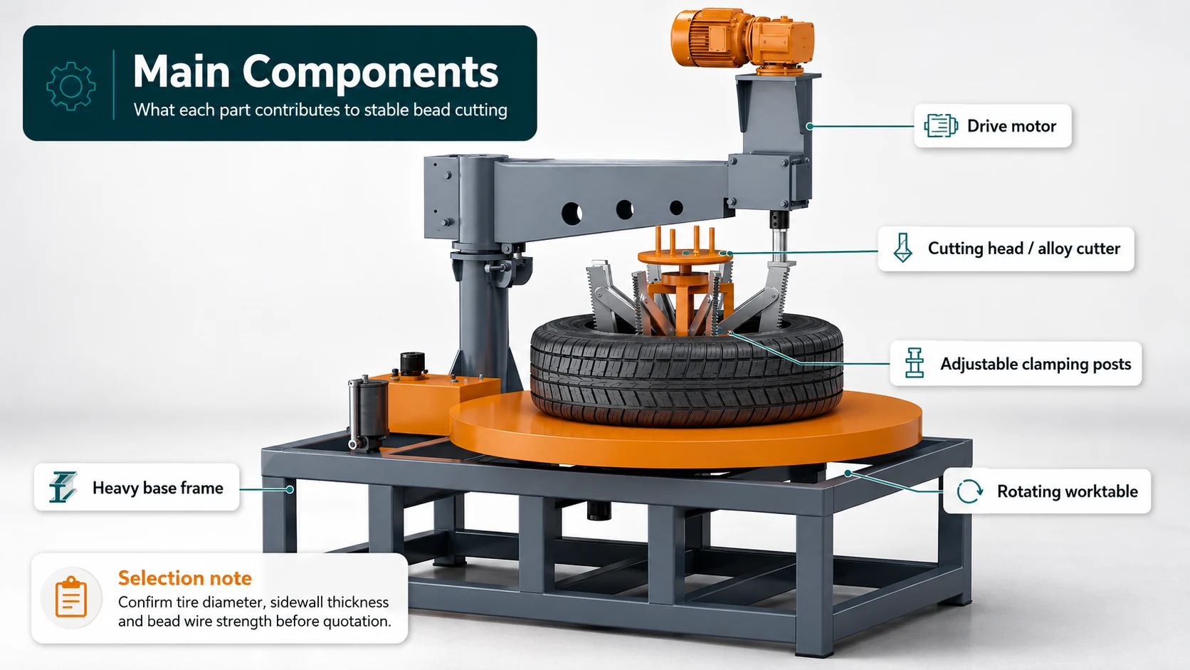 How Does a Tire Bead Cutting Machine Work? 3 Tire bead cutter components diagram with drive motor cutter clamping posts rotating table and base frame