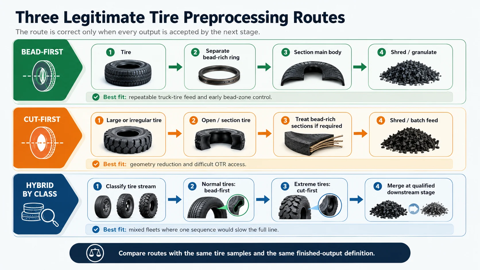 Comparison of bead-first cut-first and hybrid tire preprocessing routes