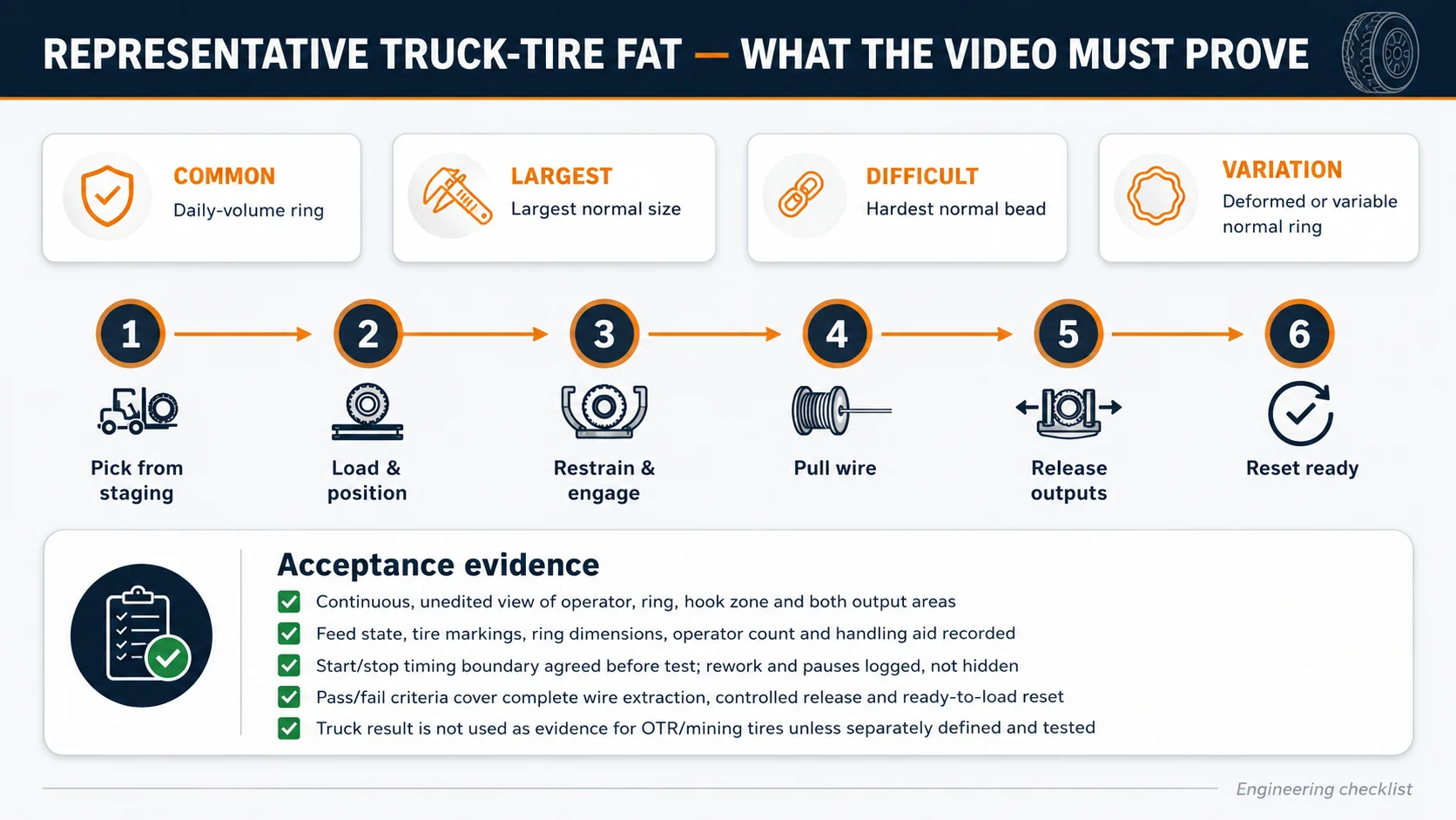 Truck tire debeader factory acceptance test checklist for representative samples and full-cycle video