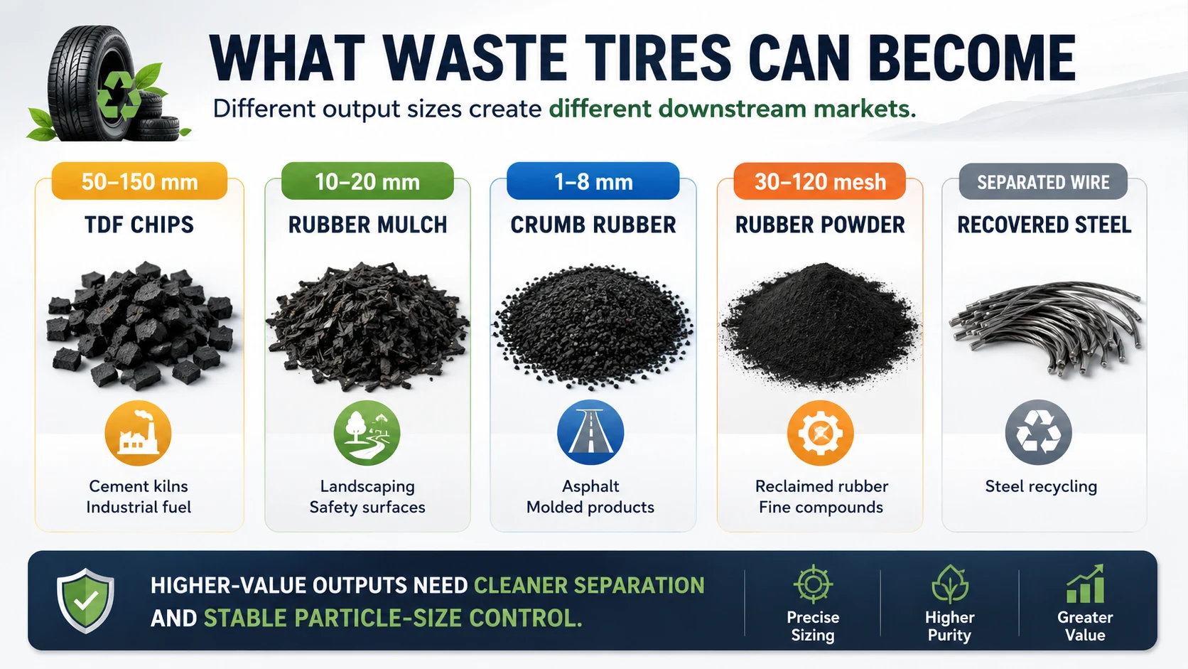 From Black Pollution to Black Gold: Tire Recycling 3 Waste tire recycling output products including TDF chips rubber mulch crumb rubber powder and recovered steel