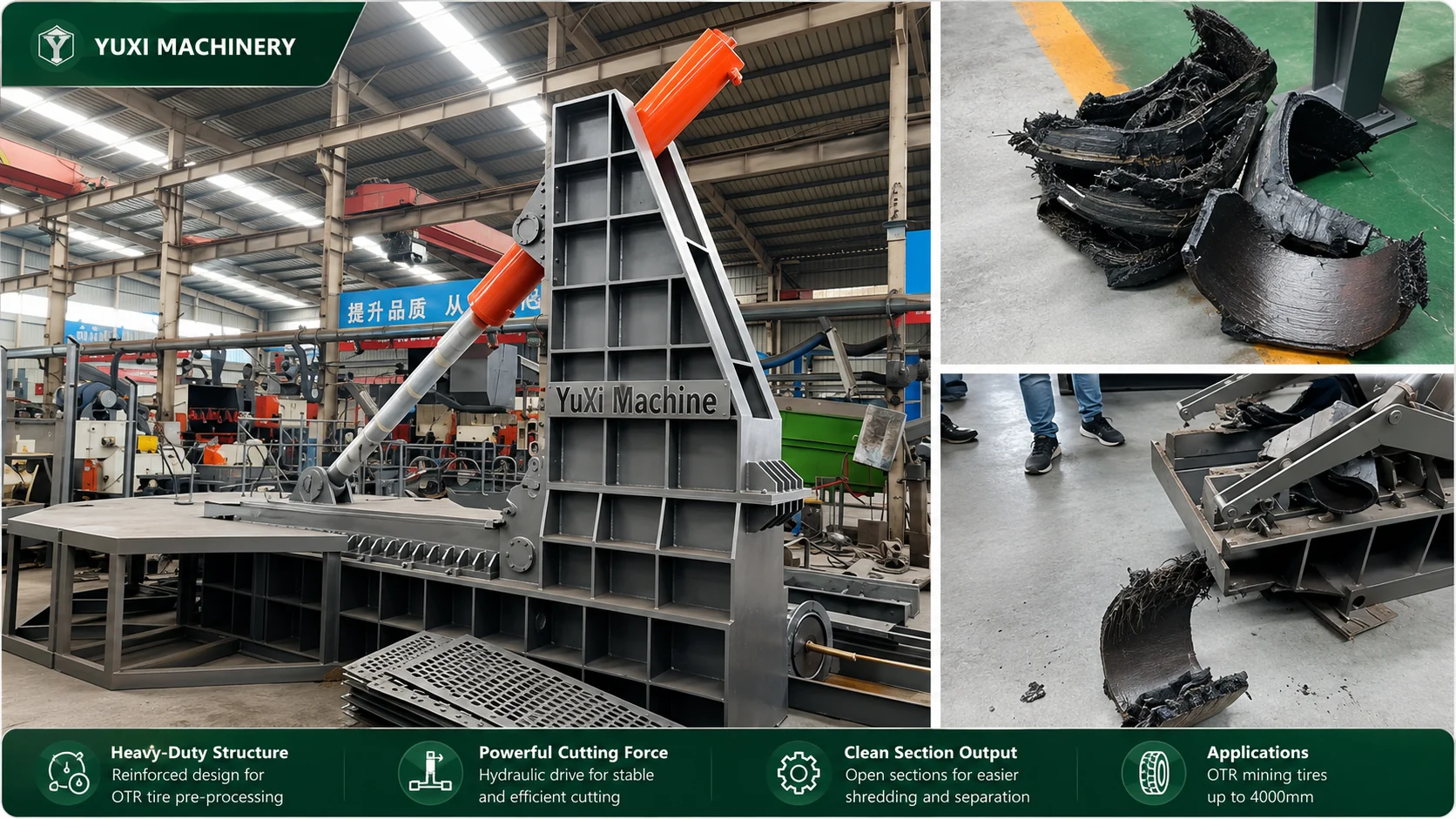 YUXI hydraulic tire cutting machine with working platform and cut OTR tire sections
