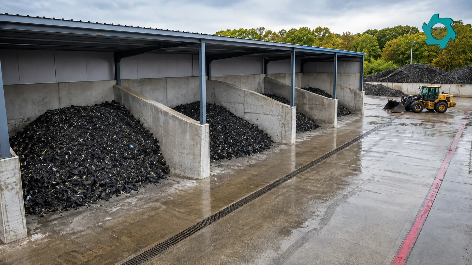 Separate covered storage bays for tire-derived fuel chips with a clear fire lane and drainage channel