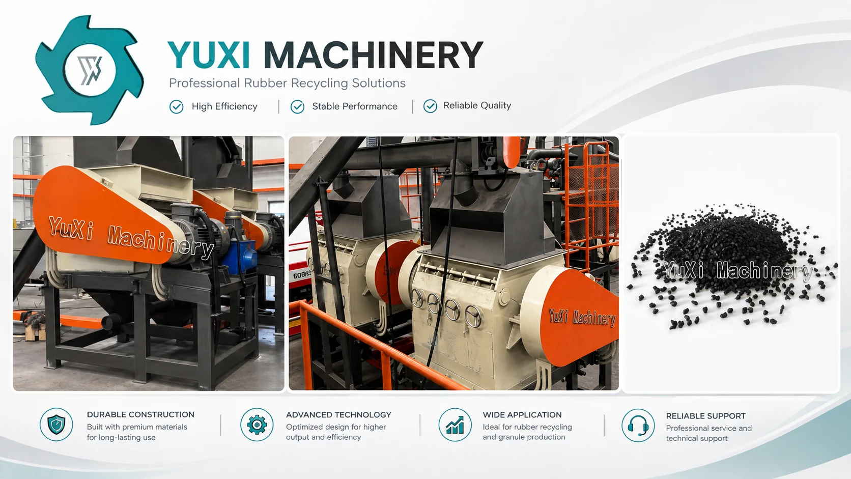 YUXI rubber granulator and crumb rubber output for tire recycling