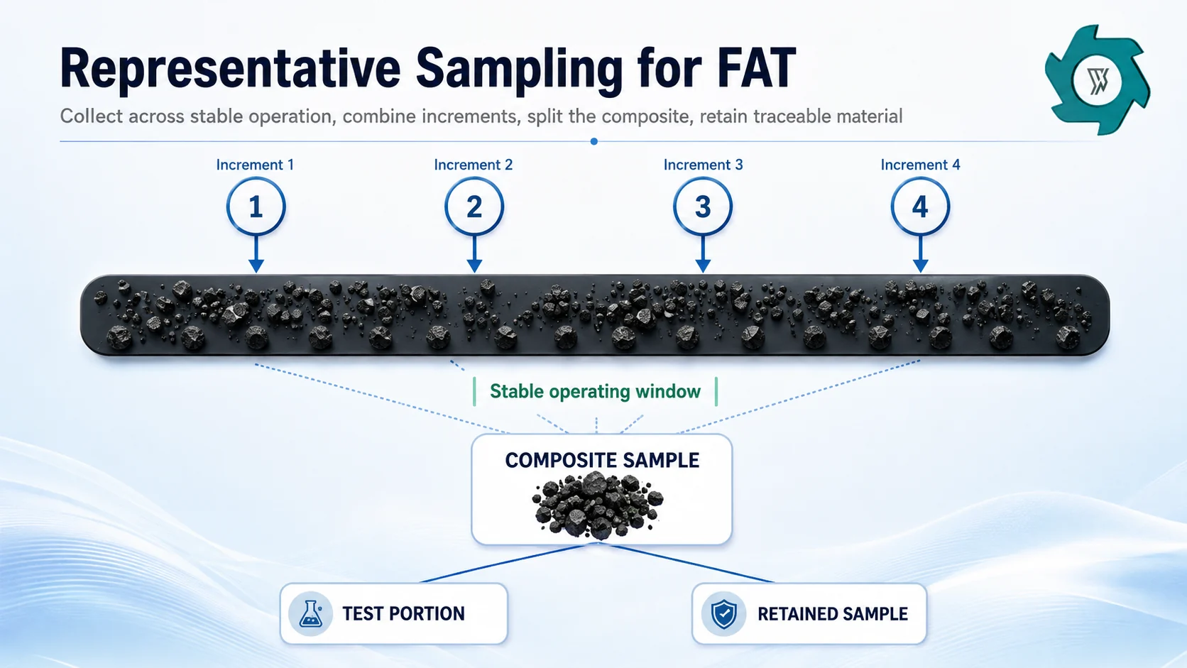 Crumb rubber sampling and factory acceptance plan showing multiple increments combined into a composite test sample and retained sample