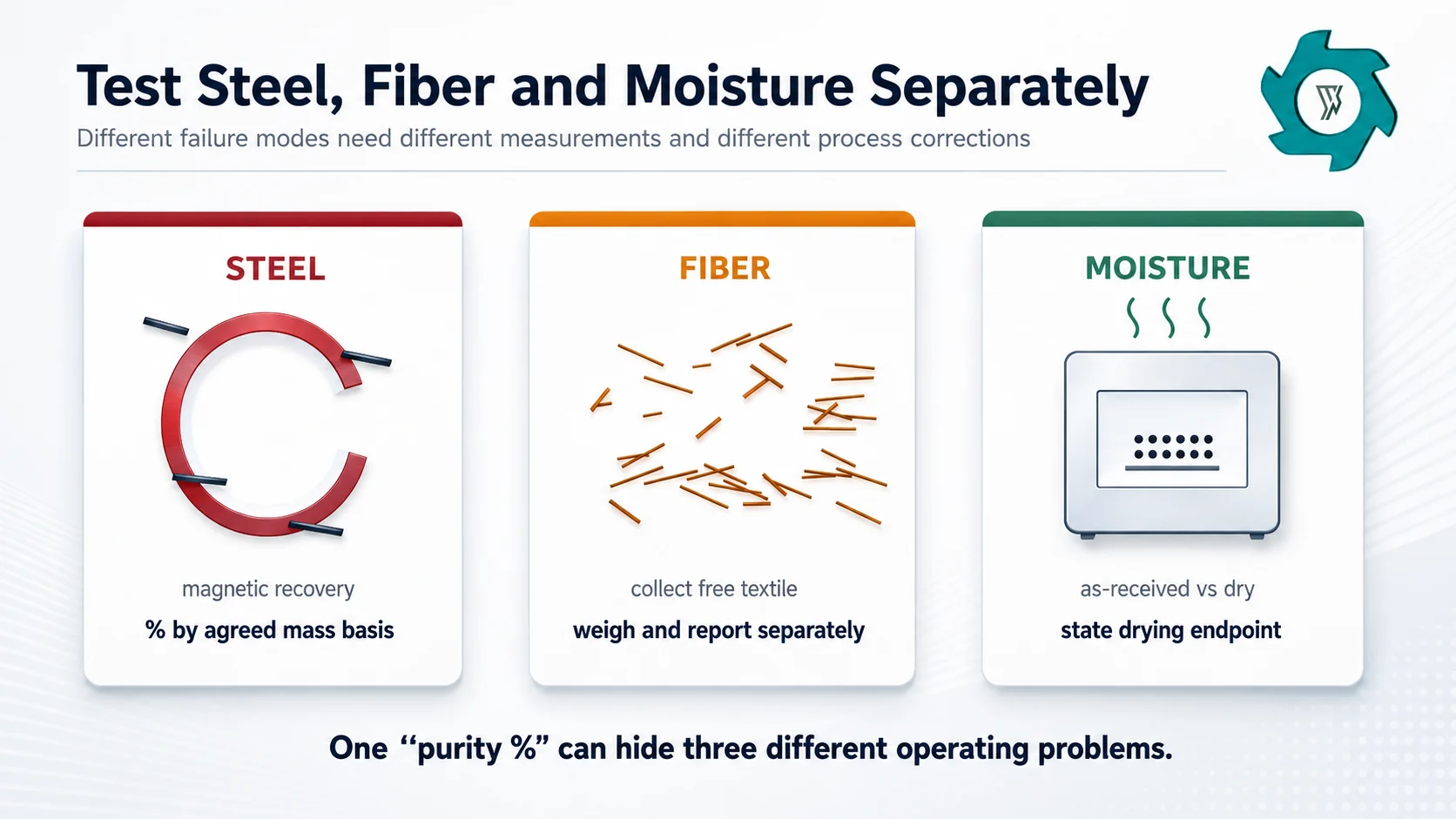 Crumb rubber quality tests for magnetic steel textile fiber and moisture using separate measured methods
