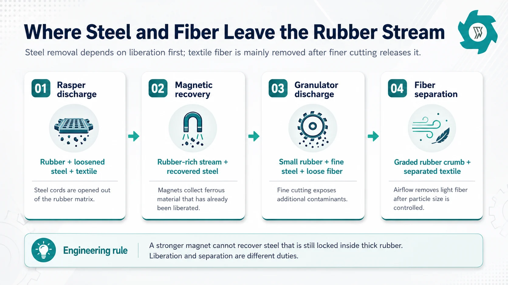 Crumb rubber process diagram showing steel liberation magnetic recovery granulation and textile fiber separation
