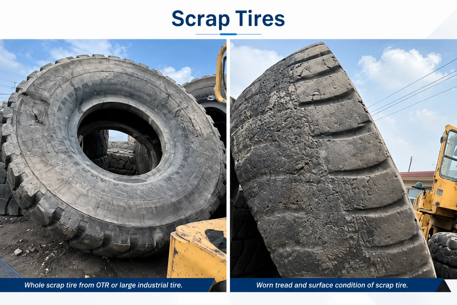 Large scrap OTR tires requiring project-specific handling and pre-cutting before shredding for rubber recycling