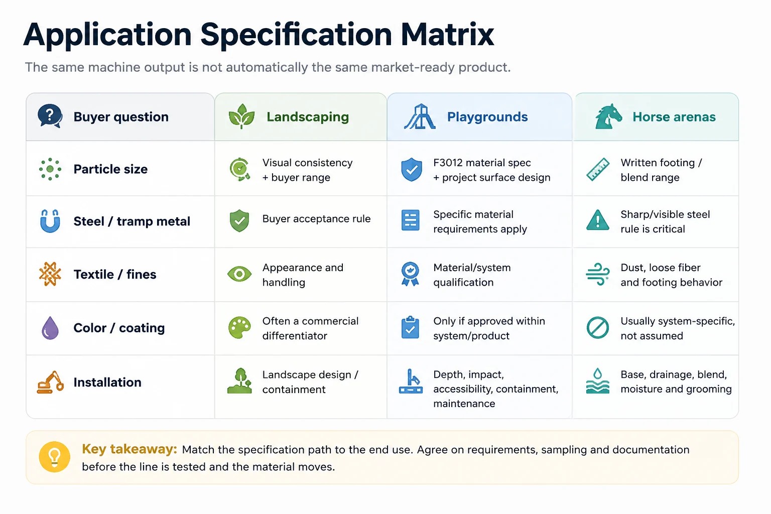 Rubber mulch specification matrix comparing landscaping playground and horse arena buyer requirements