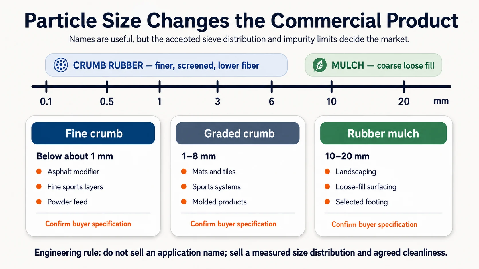 Particle size comparison between rubber mulch graded crumb and fine crumb rubber markets