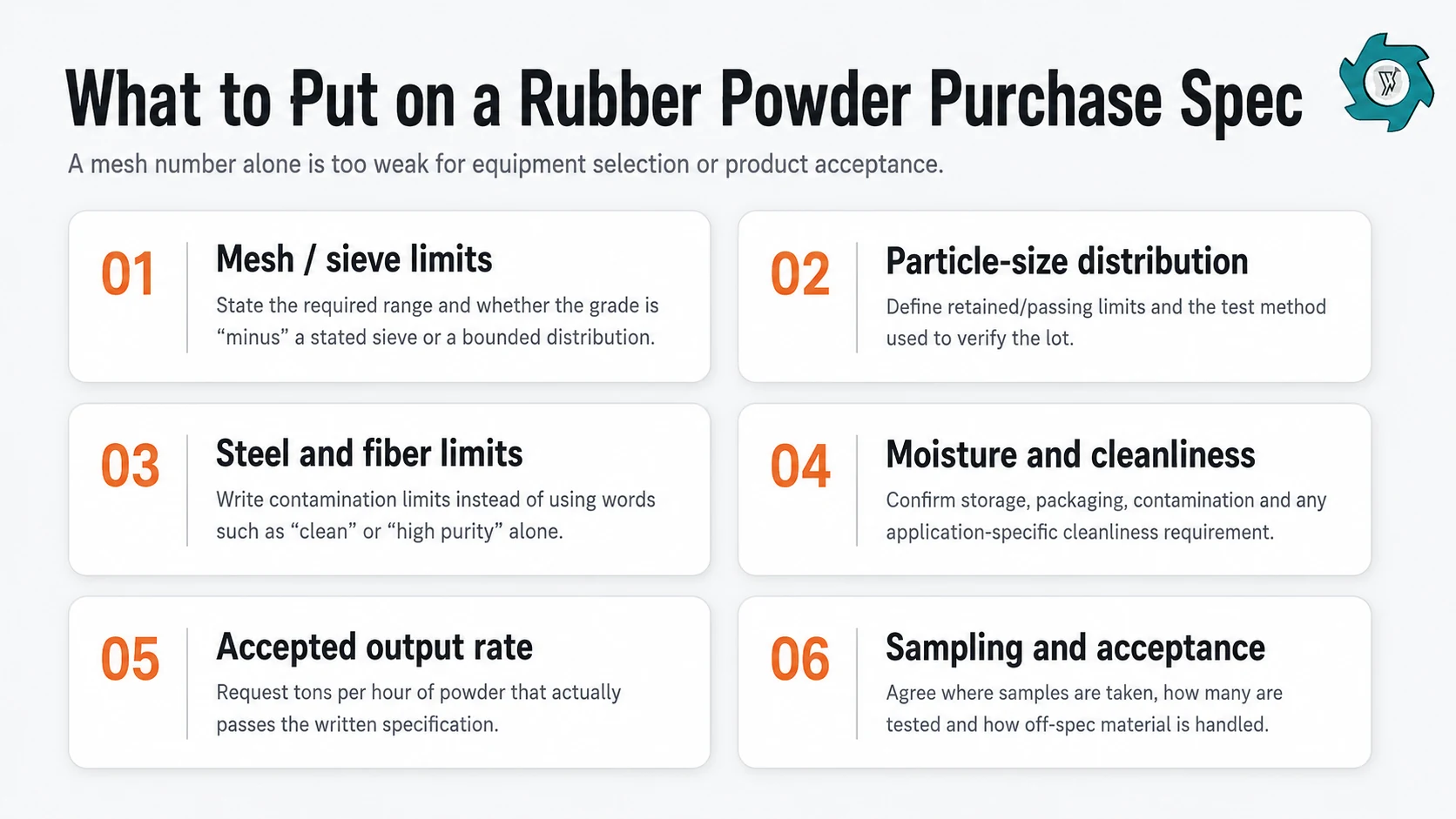 Rubber powder buyer specification checklist covering mesh distribution contaminants moisture output and sampling