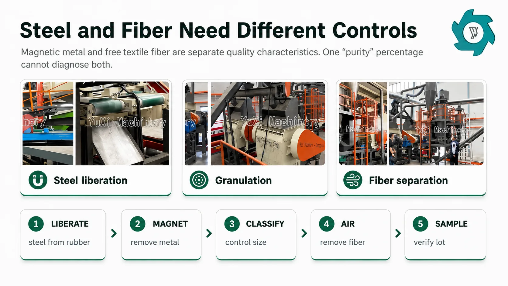 Steel and fiber contamination control stages in tire rubber powder production