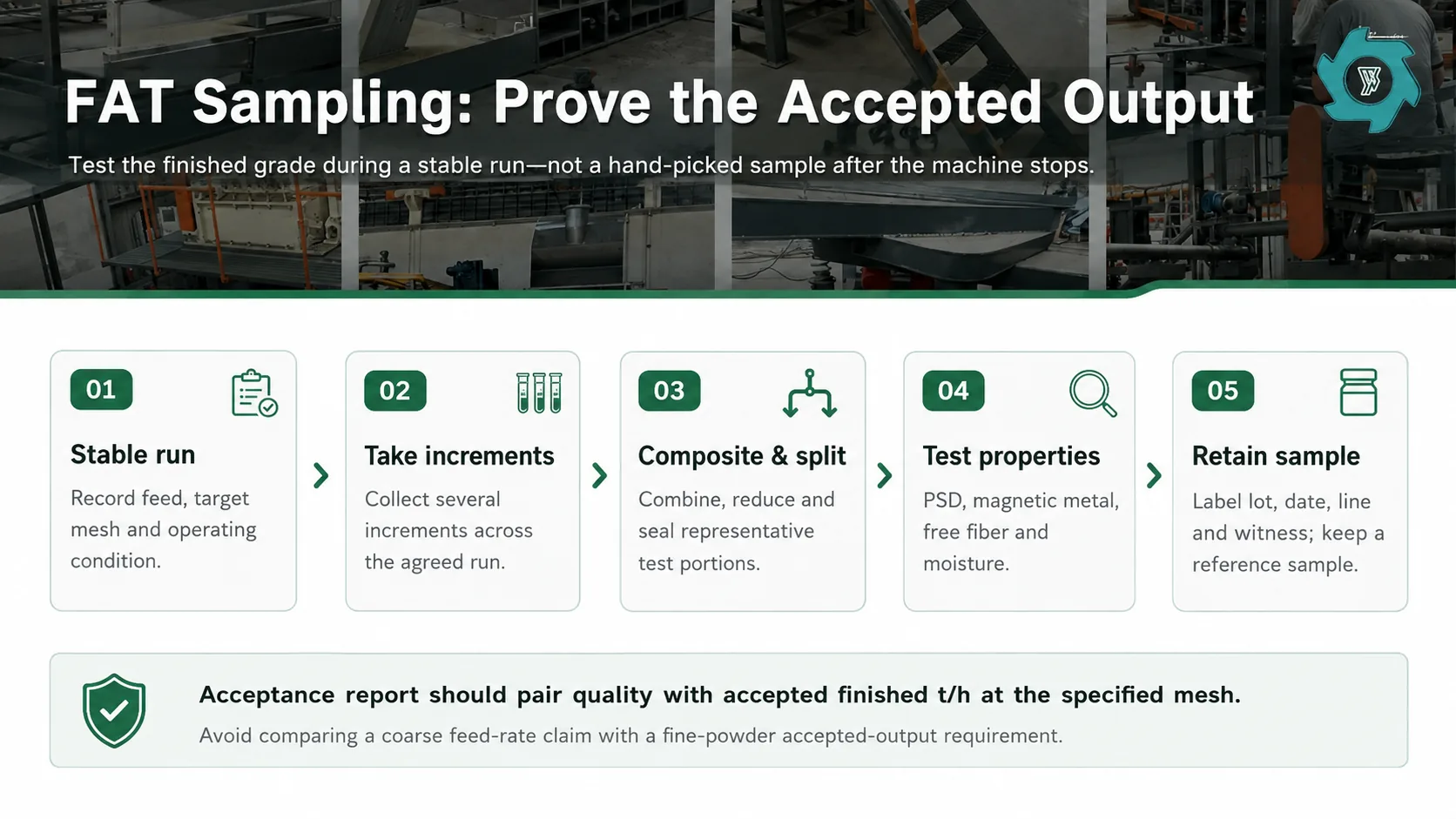Factory acceptance test sampling workflow for tire rubber powder