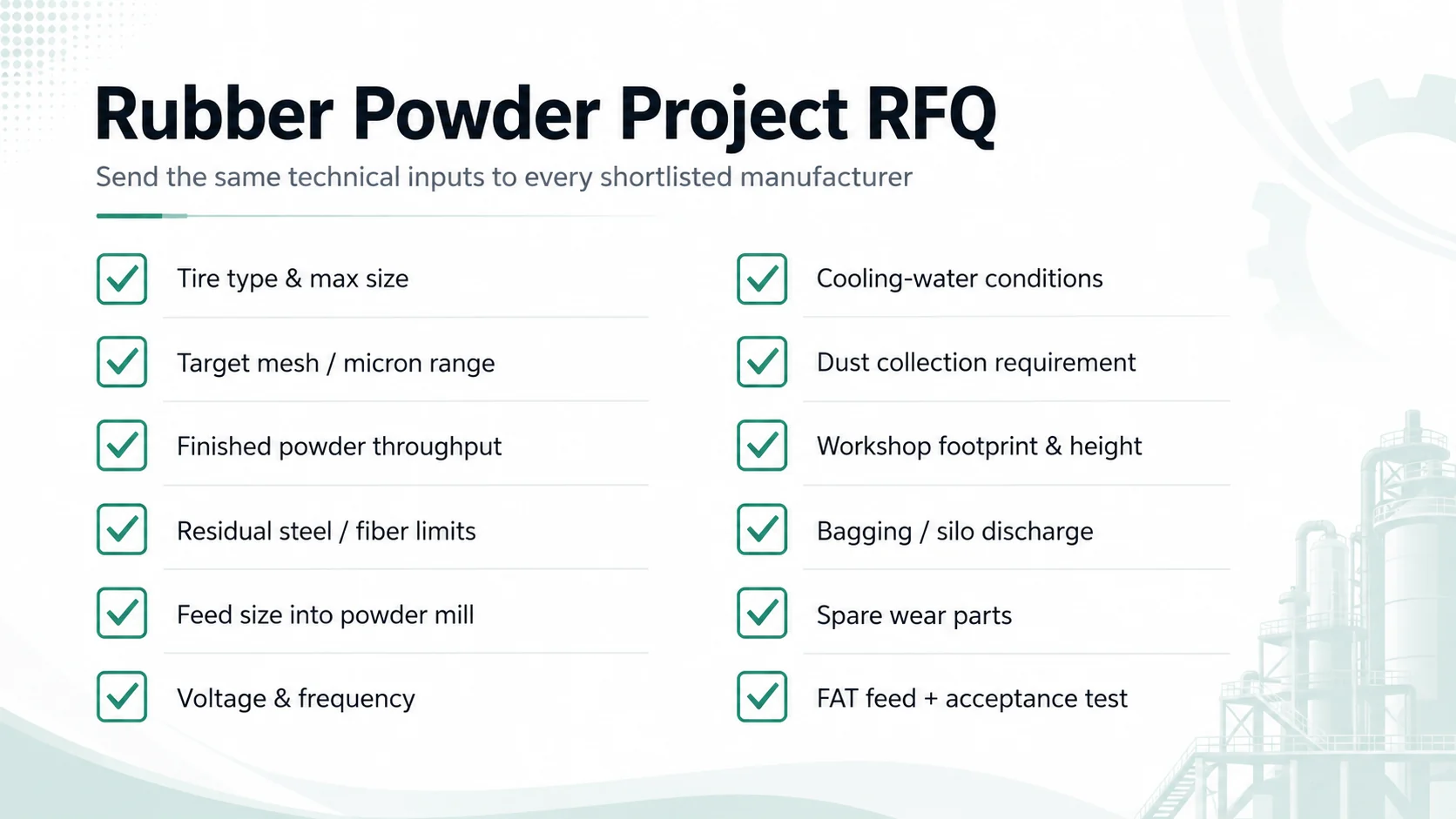RFQ checklist for rubber powder machine projects covering feed, mesh, capacity, purity, utilities, cooling, dust collection, layout and service