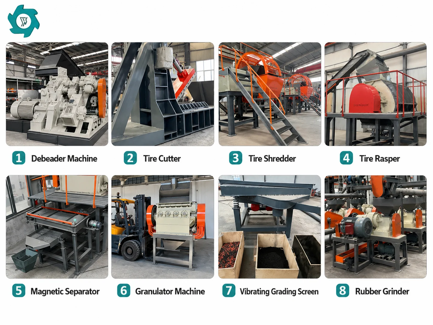 Eight main machines in a complete tire rubber powder production line