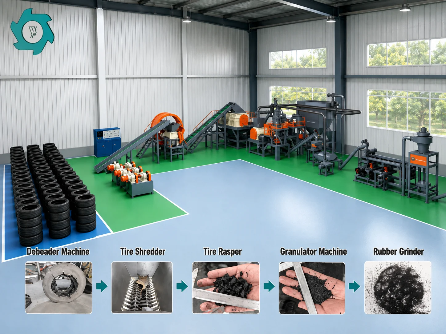 Waste tire to rubber powder production line showing shredding granulation and grinding stages