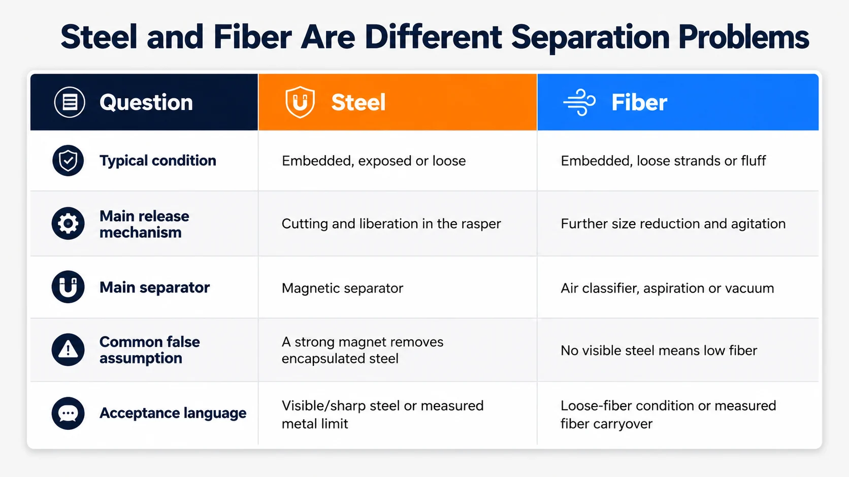 Comparison of steel separation and textile fiber separation in rubber mulch production