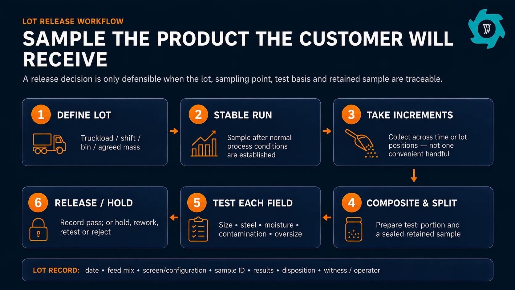 TDF Quality Specifications: Chip Size, Steel Wire, Moisture, Contamination and Oversize 4 TDF lot sampling and release workflow from lot definition through stable run increments composite sample testing and release or hold