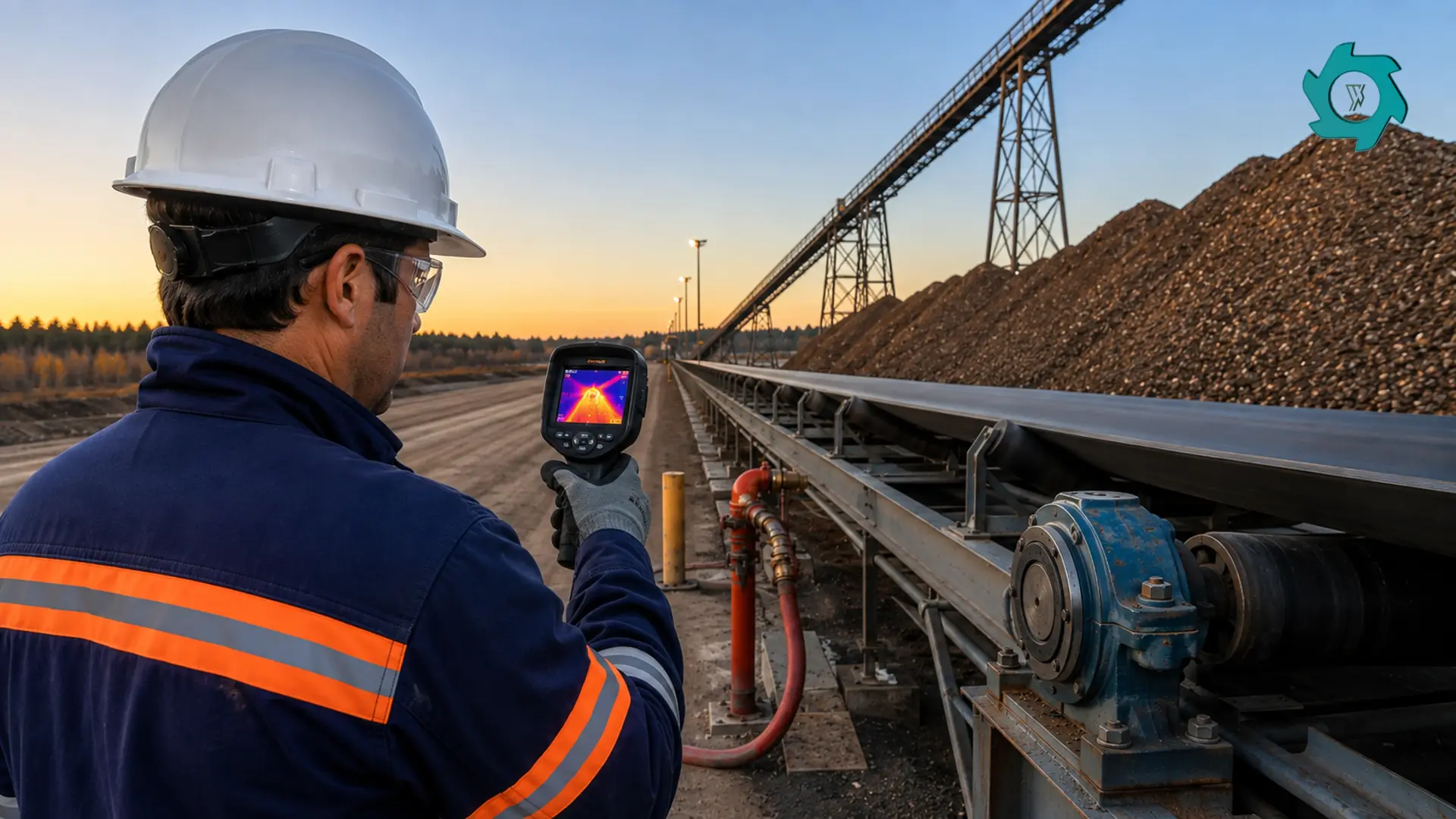 Worker using a thermal camera to inspect a TDF conveyor bearing and storage pile from a safe access lane