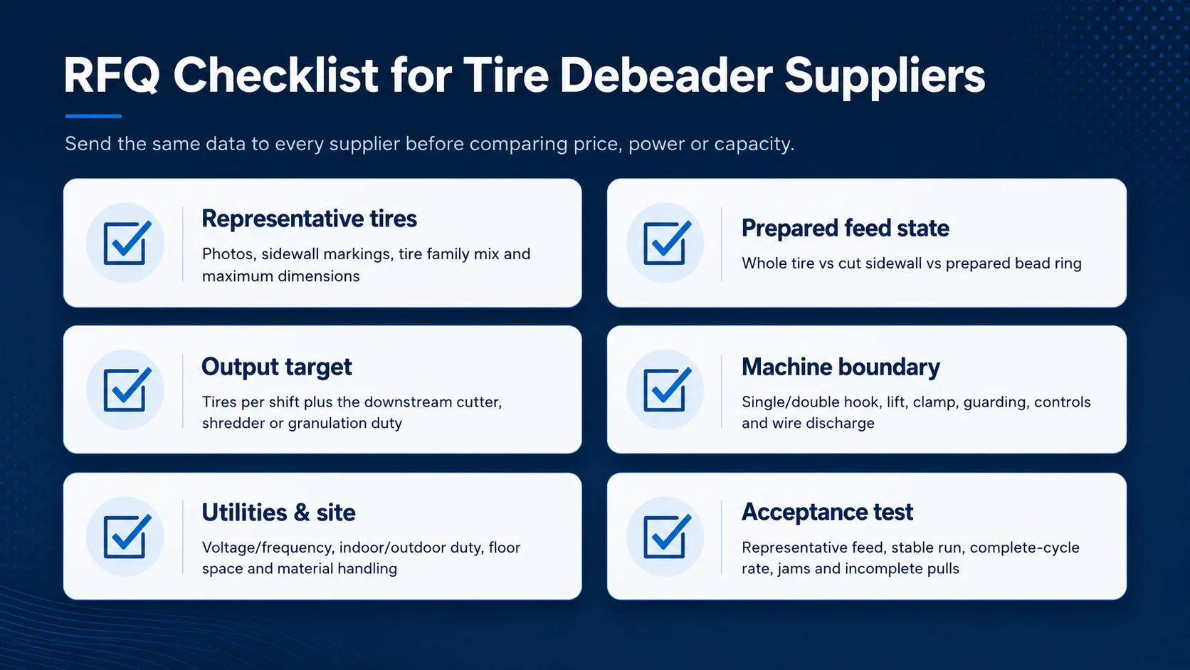 RFQ checklist for comparing tire debeader machine manufacturers on the same technical basis