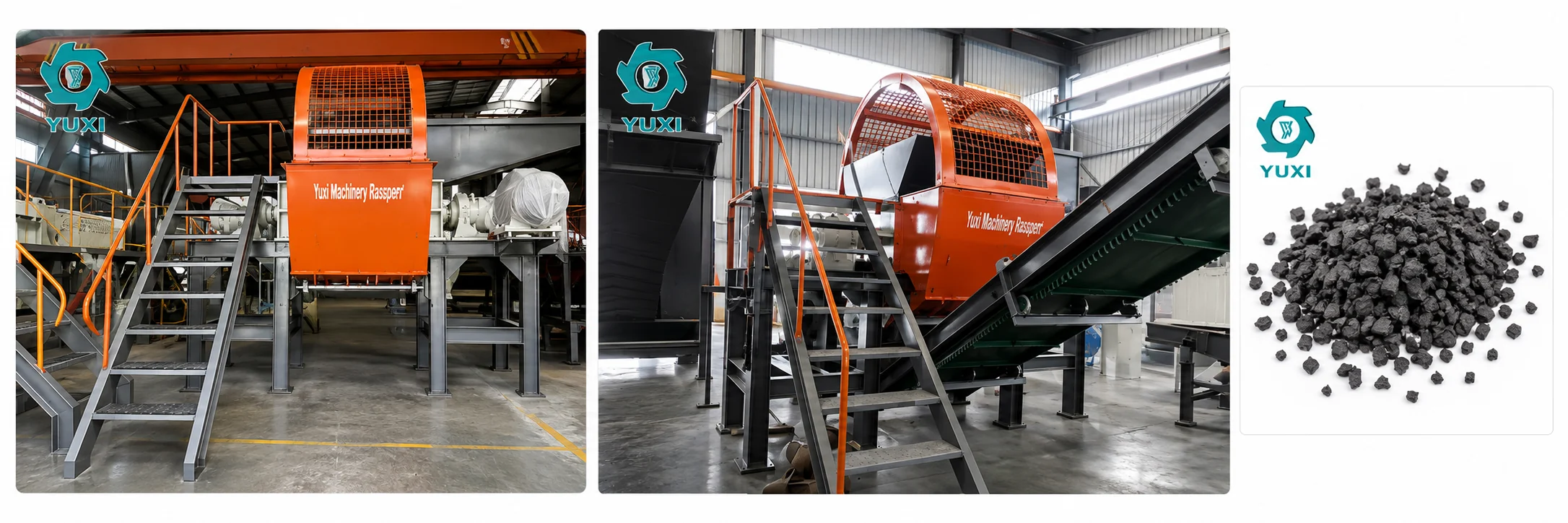 Tire recycling equipment processing tire feedstock into prepared rubber chips for downstream crumb production