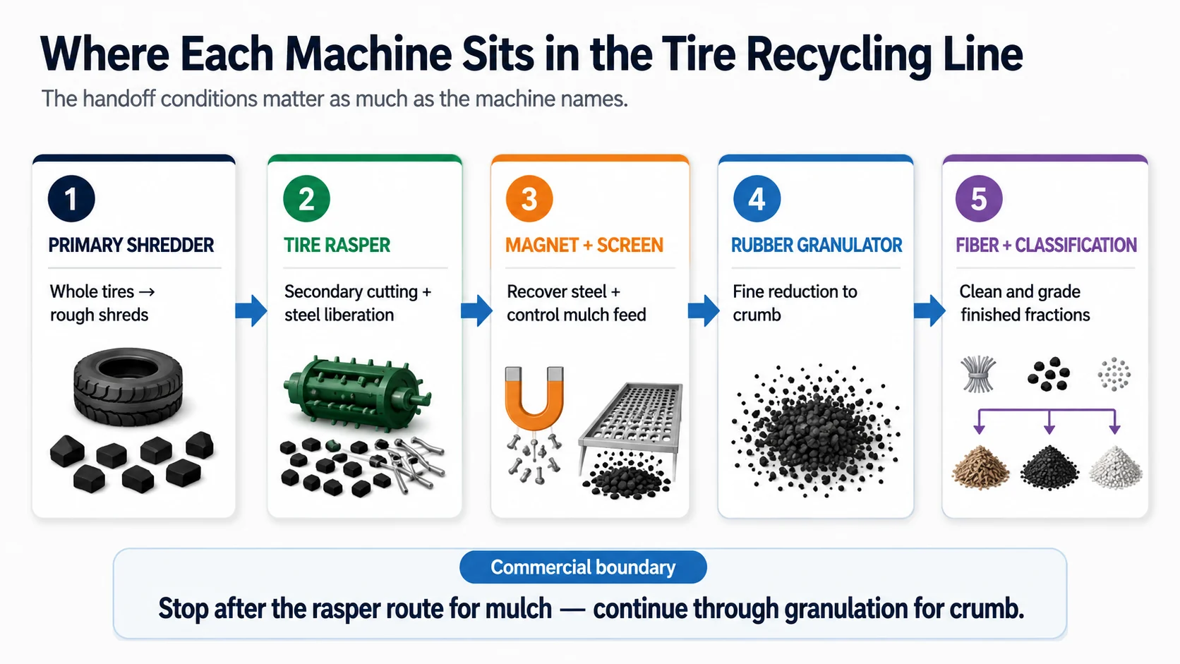 Tire recycling process order from primary shredder to rasper magnetic separation granulator and final classification