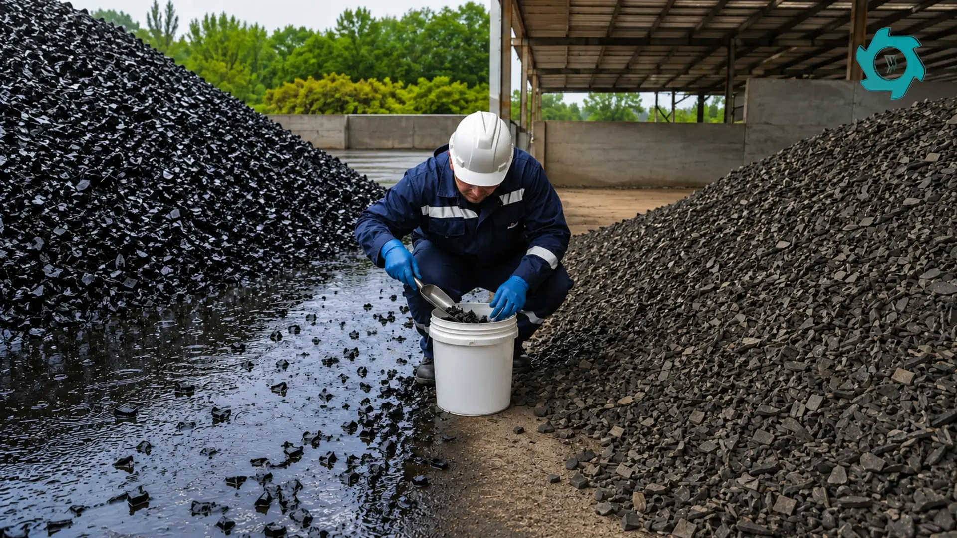 Technician sampling rain-exposed and covered tire-derived fuel chips into a sealed container