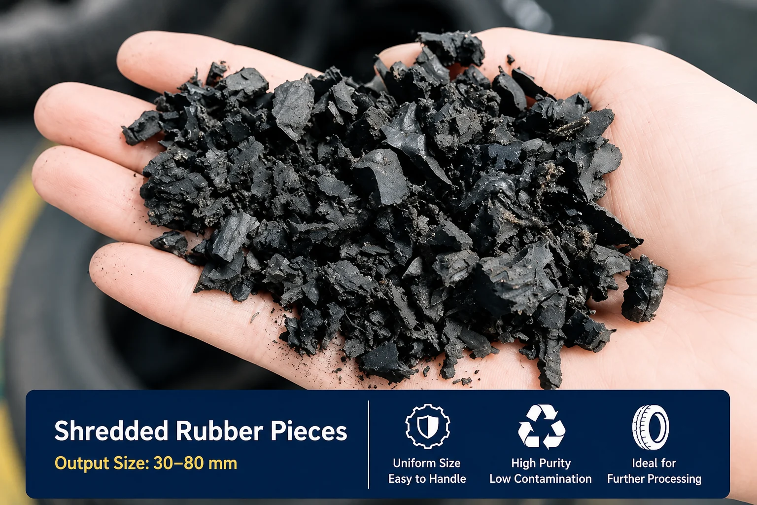 Rubber mulch chips produced after tire size reduction and steel separation