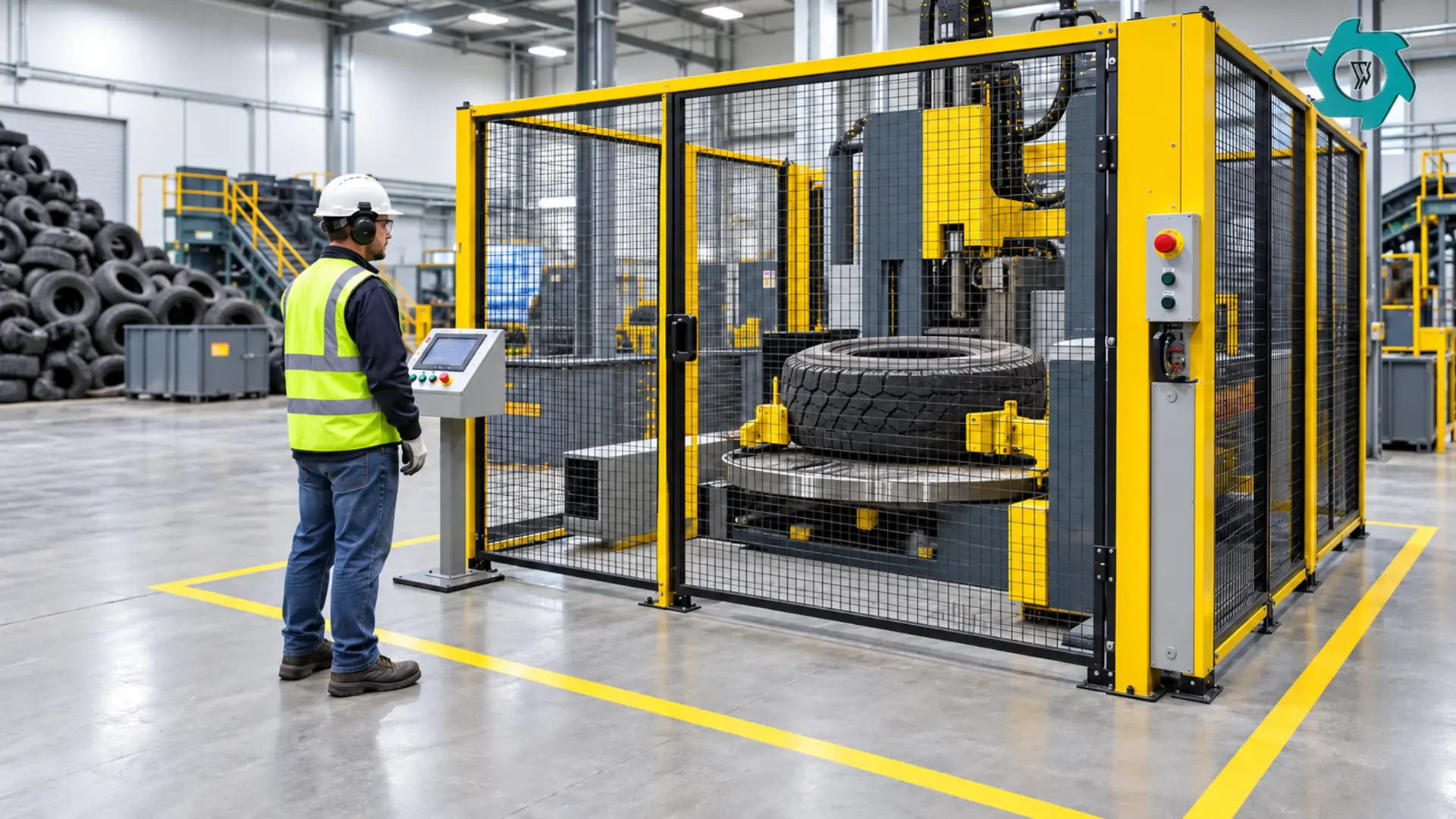 Tire Bead Cutting Machine Safety Guide: Guarding, LOTO & Safe Work Cells 2 Guarded tire bead cutting machine work cell with operator at the exterior control station