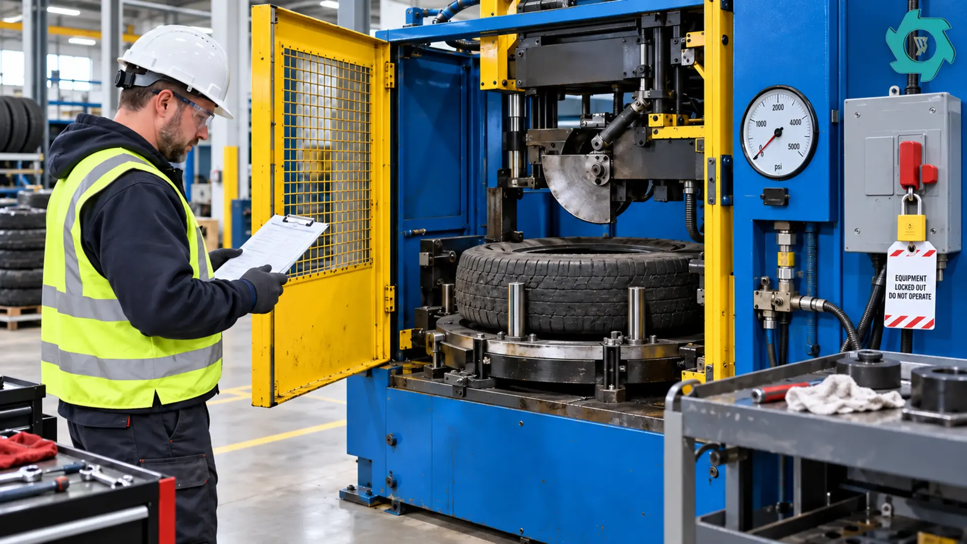 Tire Bead Cutting Machine Safety Guide: Guarding, LOTO & Safe Work Cells 4 Technician verifying isolation at a tire bead cutting machine during planned maintenance