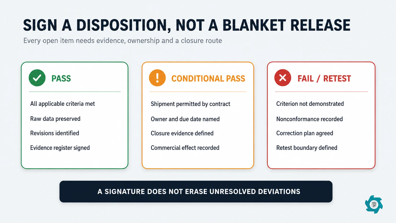 TDF Plant Factory Acceptance Test: What to Check Before Shipment 4 TDF FAT acceptance gate showing pass, conditional pass and fail decisions with evidence and closeout requirements