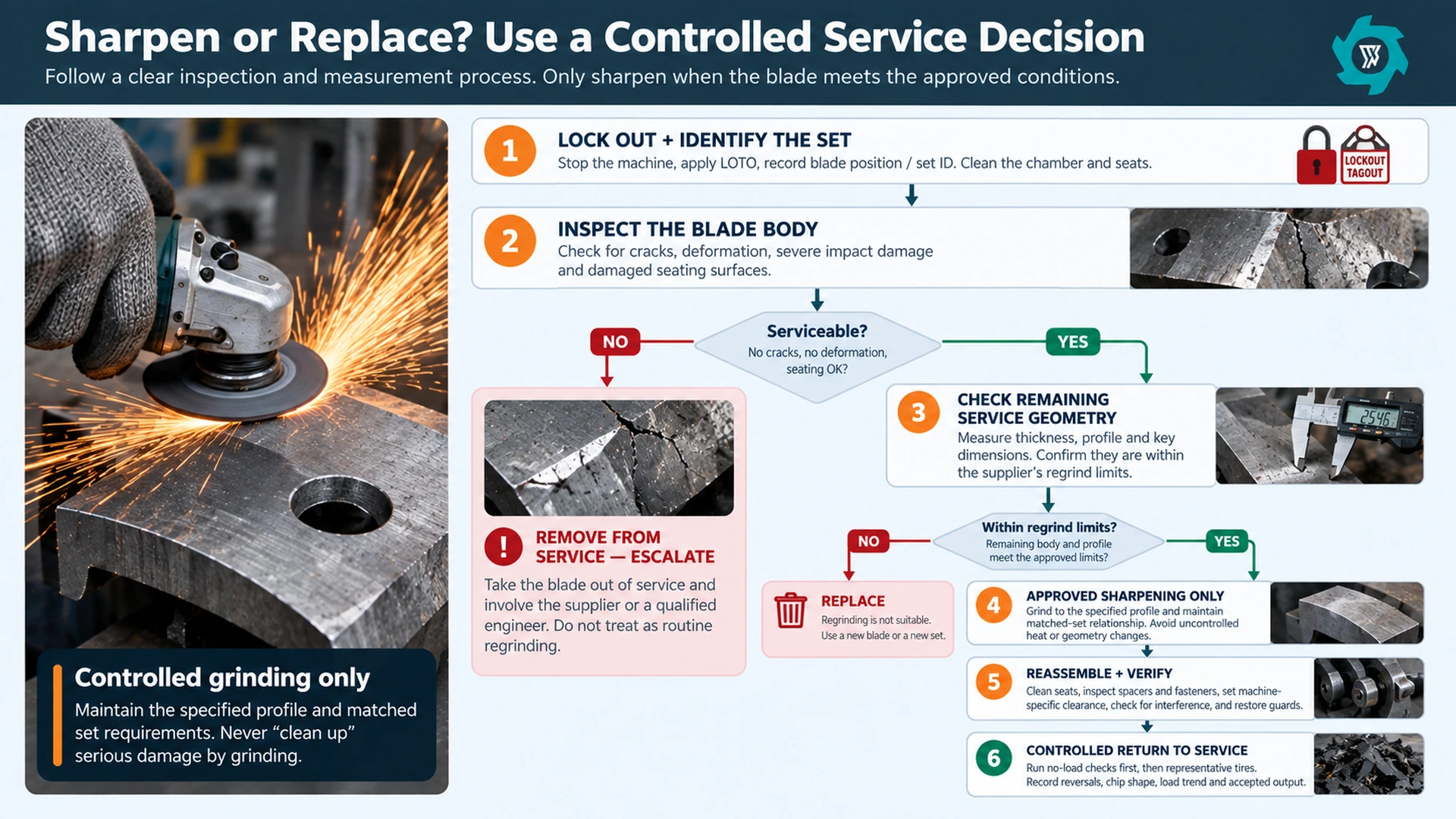 Tire Shredder Blade Guide: Wear, Sharpening, Replacement & Cost per Ton 3 Decision flow for sharpening or replacing tire shredder blades with inspection reassembly and verification steps