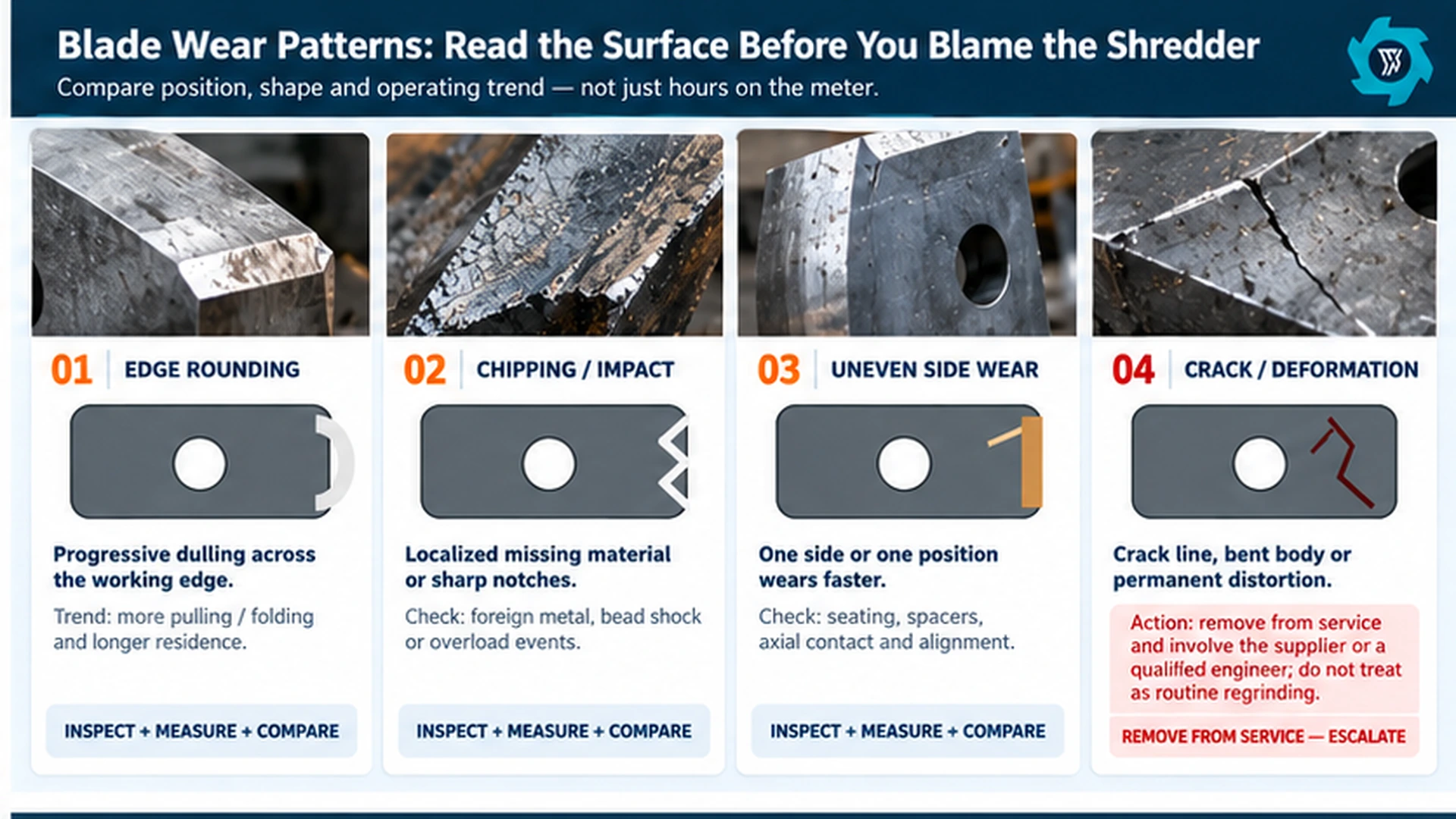 Tire Shredder Blade Guide: Wear, Sharpening, Replacement & Cost per Ton 2 Engineering infographic showing tire shredder blade edge rounding chipping uneven side wear and cracking